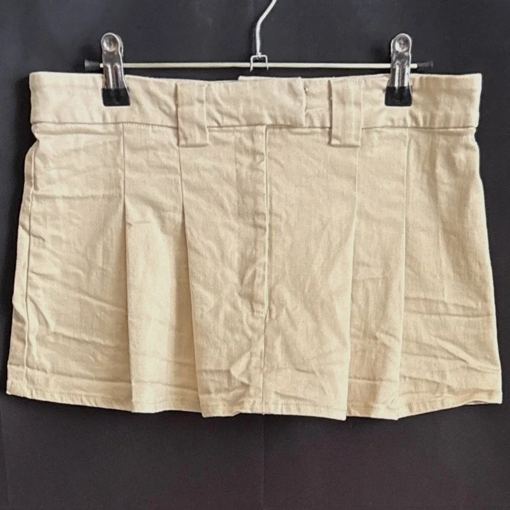 Finesse Beige Pleated Cotton Blend Mini Skirt Size M High Waist Stretchy Twill